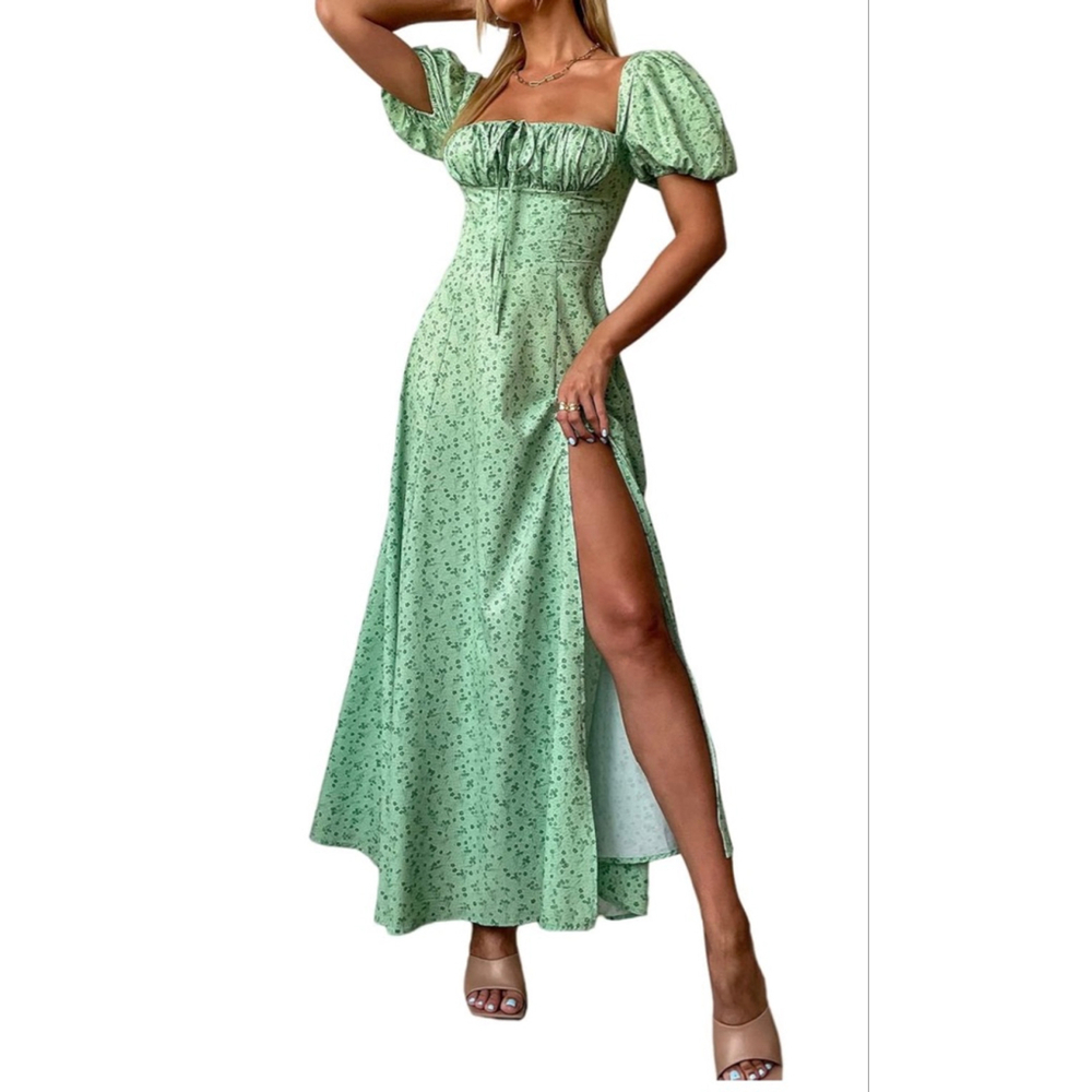 NEW Green Puff Sleeve Floral Split Flowy Beach Maxi Dress S